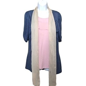 FRANCESCA'S Fall Cardigan Blue Faux Scarf Soft Cream Beige Polka Dots Medium